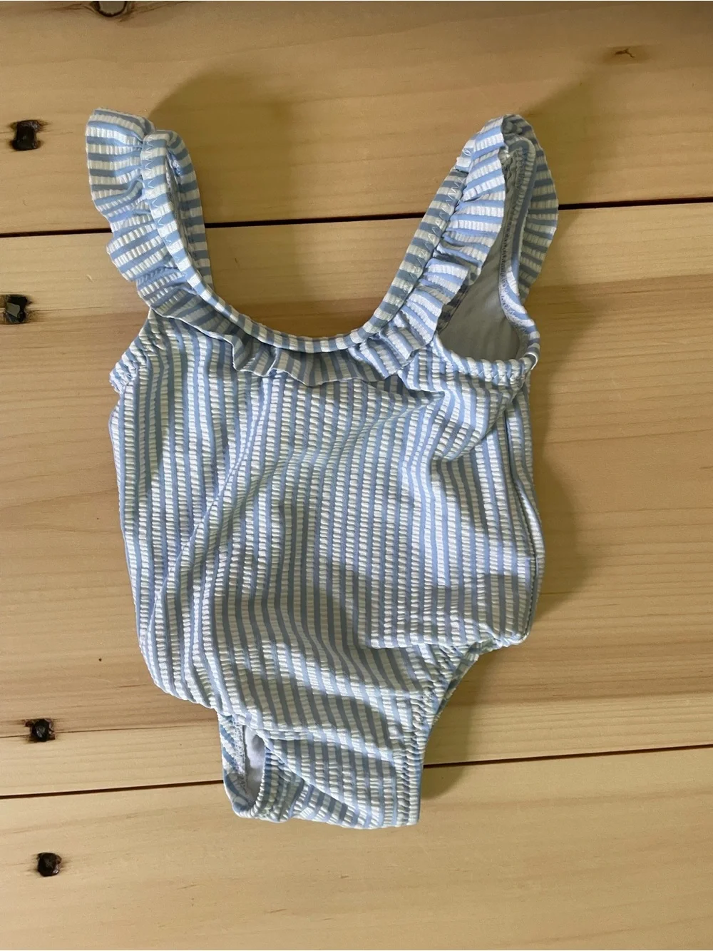 Old Navy White and Light Blue Striped Ruffle Bathing suit